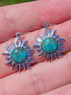 925 Sterling Silver ATI Turquoise Sun Star Hook Dangle Earrings